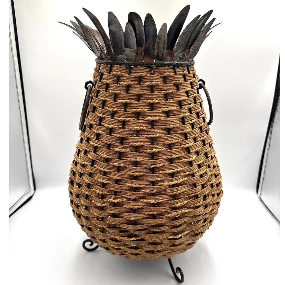 VTG Pineapple Decorative Basket Vase Brown Rustic Boho Woven Metal 15in